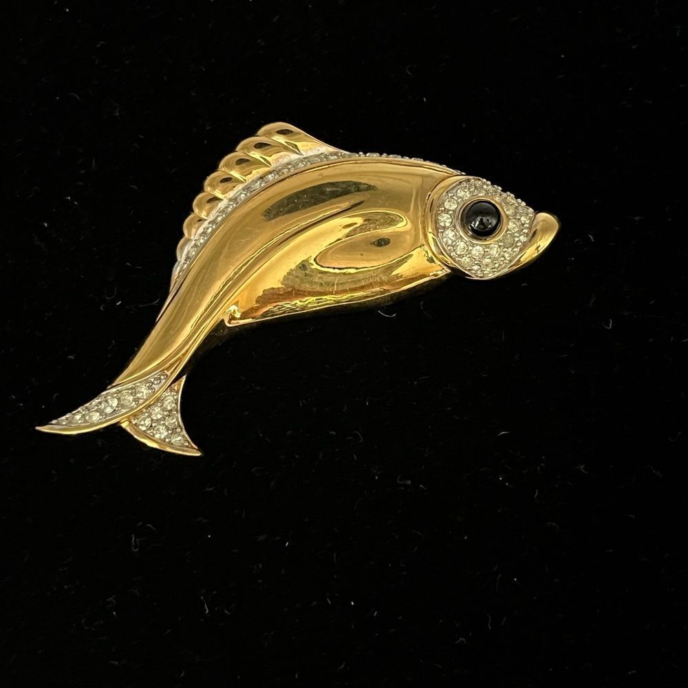 Nina Ricci, rare gold tone with rhinestone fish brooch,